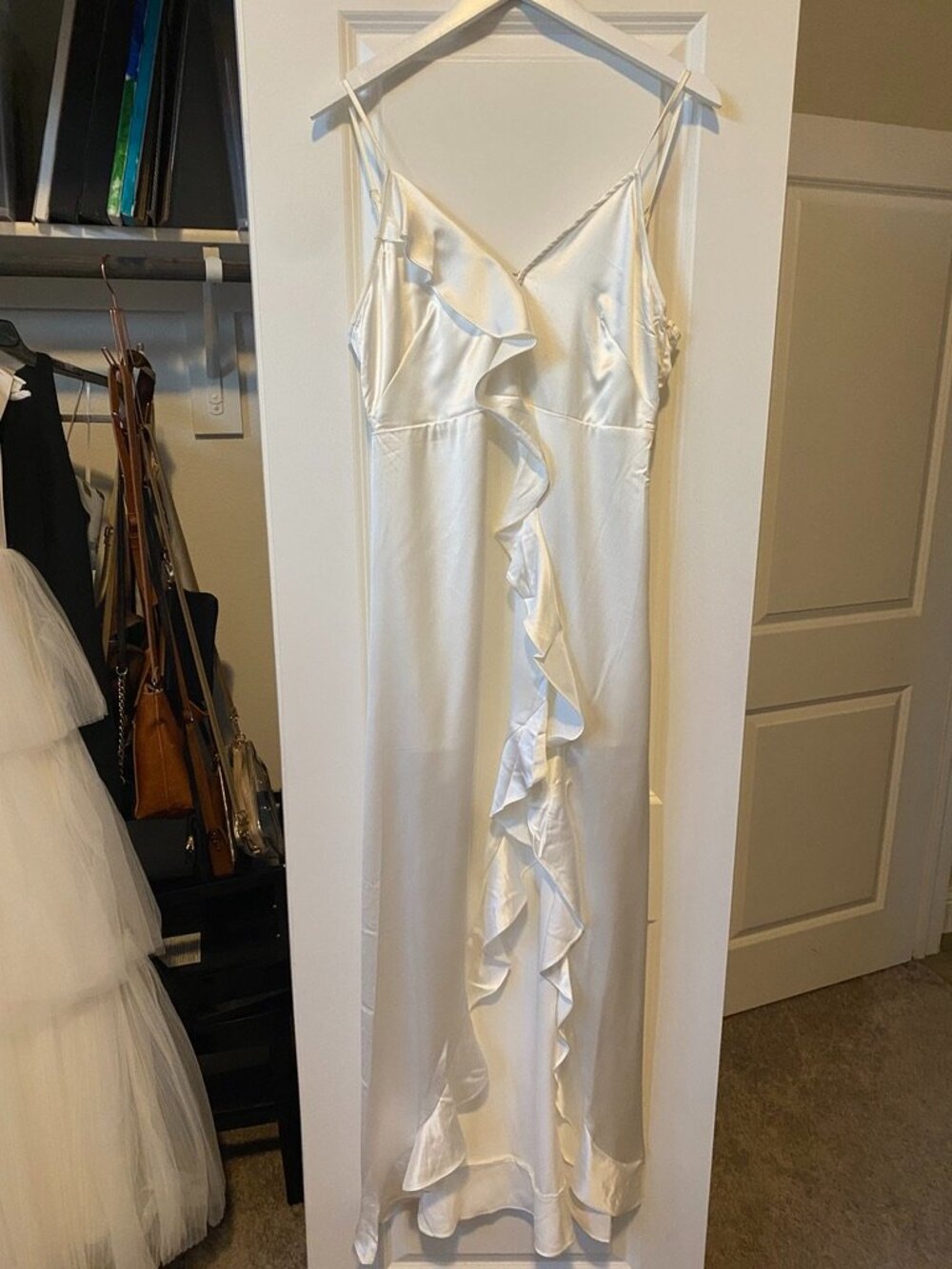 White Silk Ruffle Slit Midi Dress
